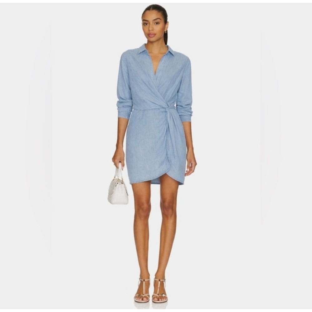 Heartloom Womens Blue Faux Wrap Front Knot Kay Dress Medium Roll Tab Sleeve - Picture 2 of 12